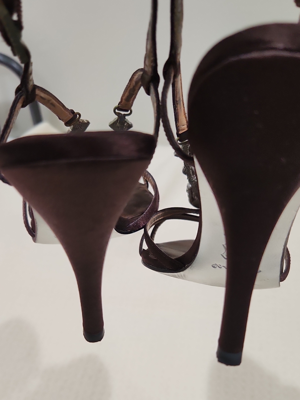 Nina Brown Satin Jeweled T-Strap Heels - Picture 5 of 8